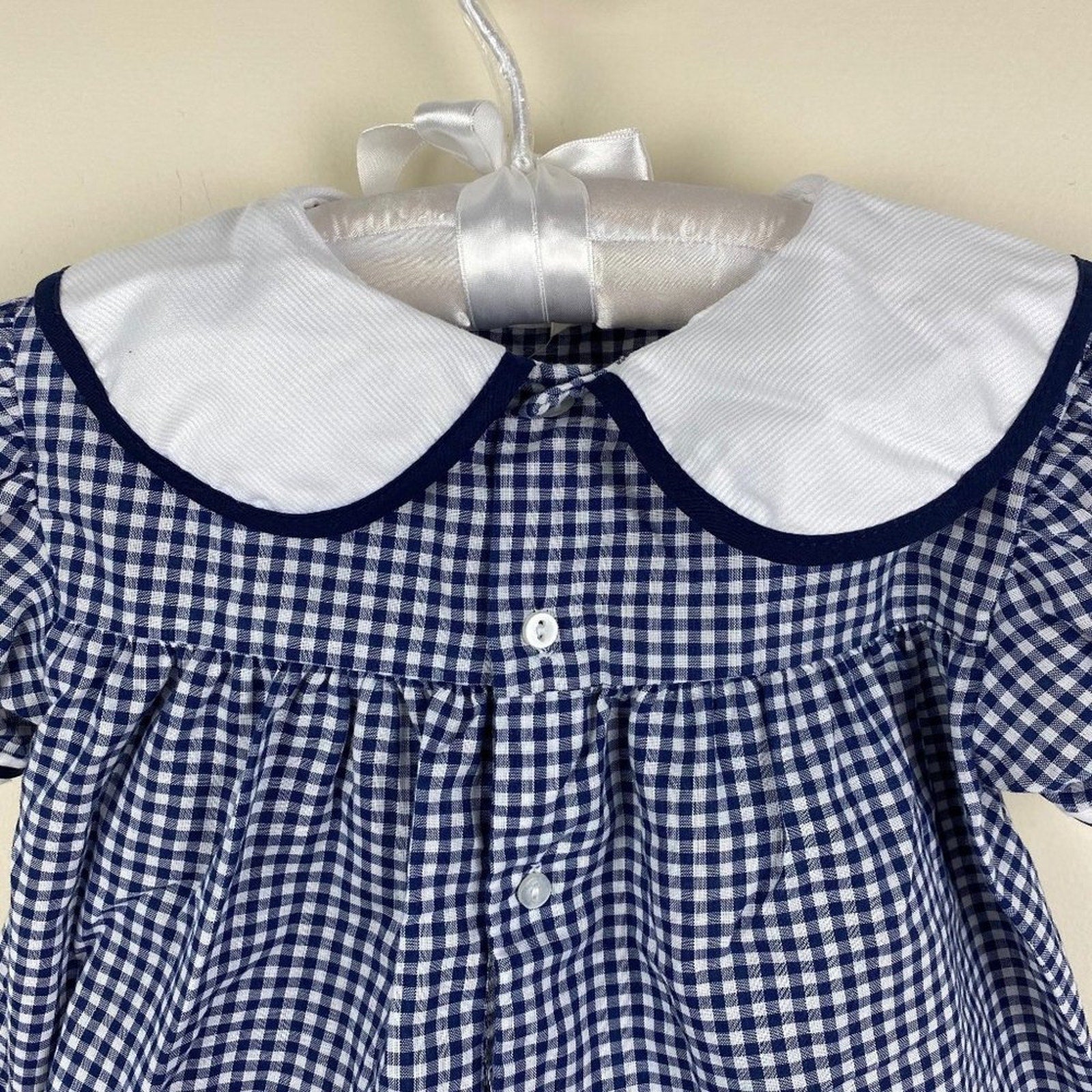 Vintage Petit Ami Navy Blue Gingham Flower Dress 24 Months