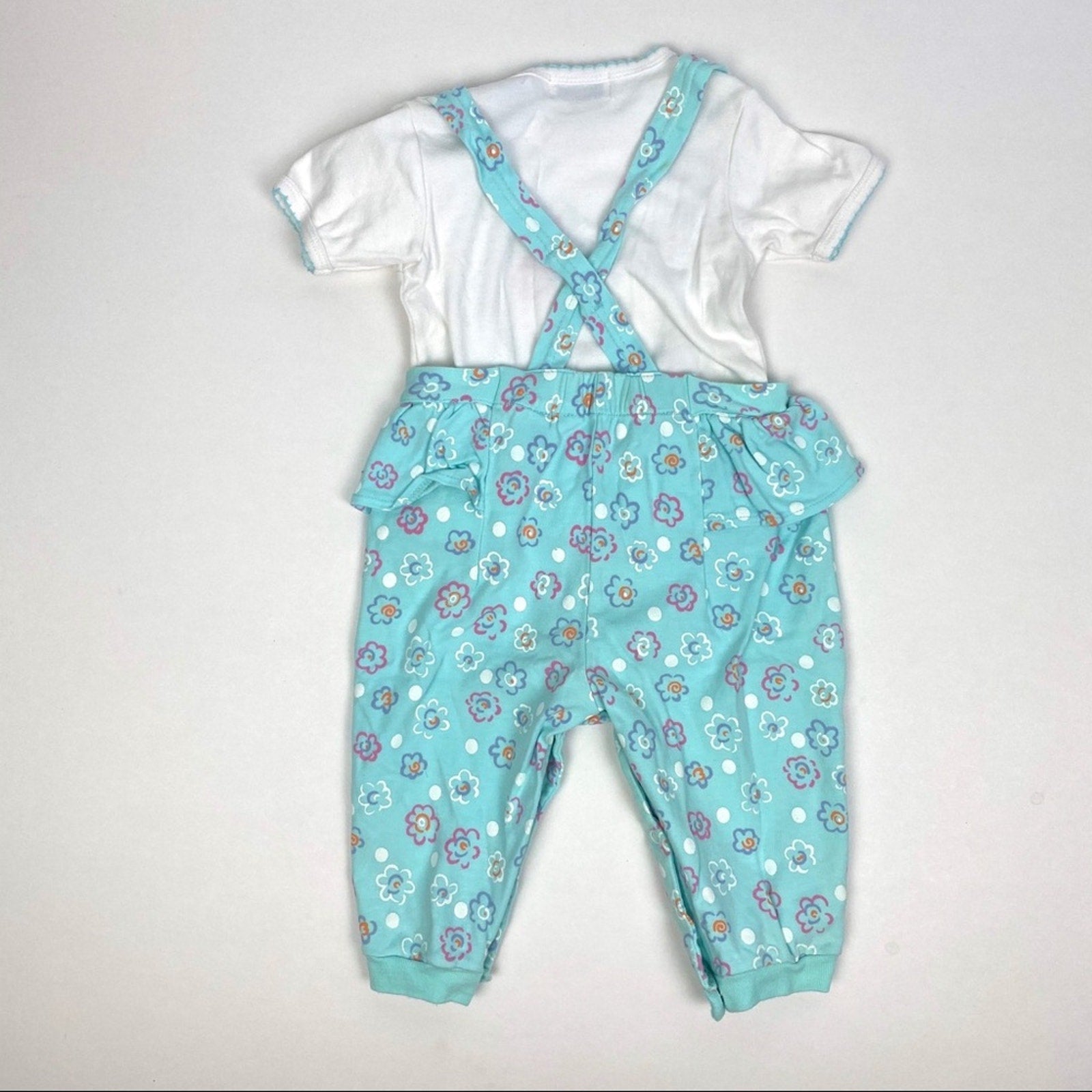 Vintage All Mine Aqua Green Ruffle Suspender Overalls Set 6-9