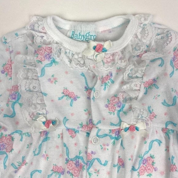 Vtg Babygrow White Pink Floral Ruffle Lace Footie