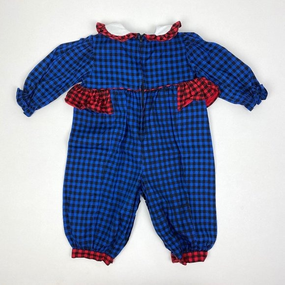 Vintage Bryan Girls Blue Plaid Ruffle Jumpsuit 12