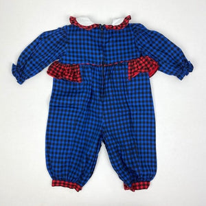 Vintage Bryan Girls Blue Plaid Ruffle Jumpsuit 12